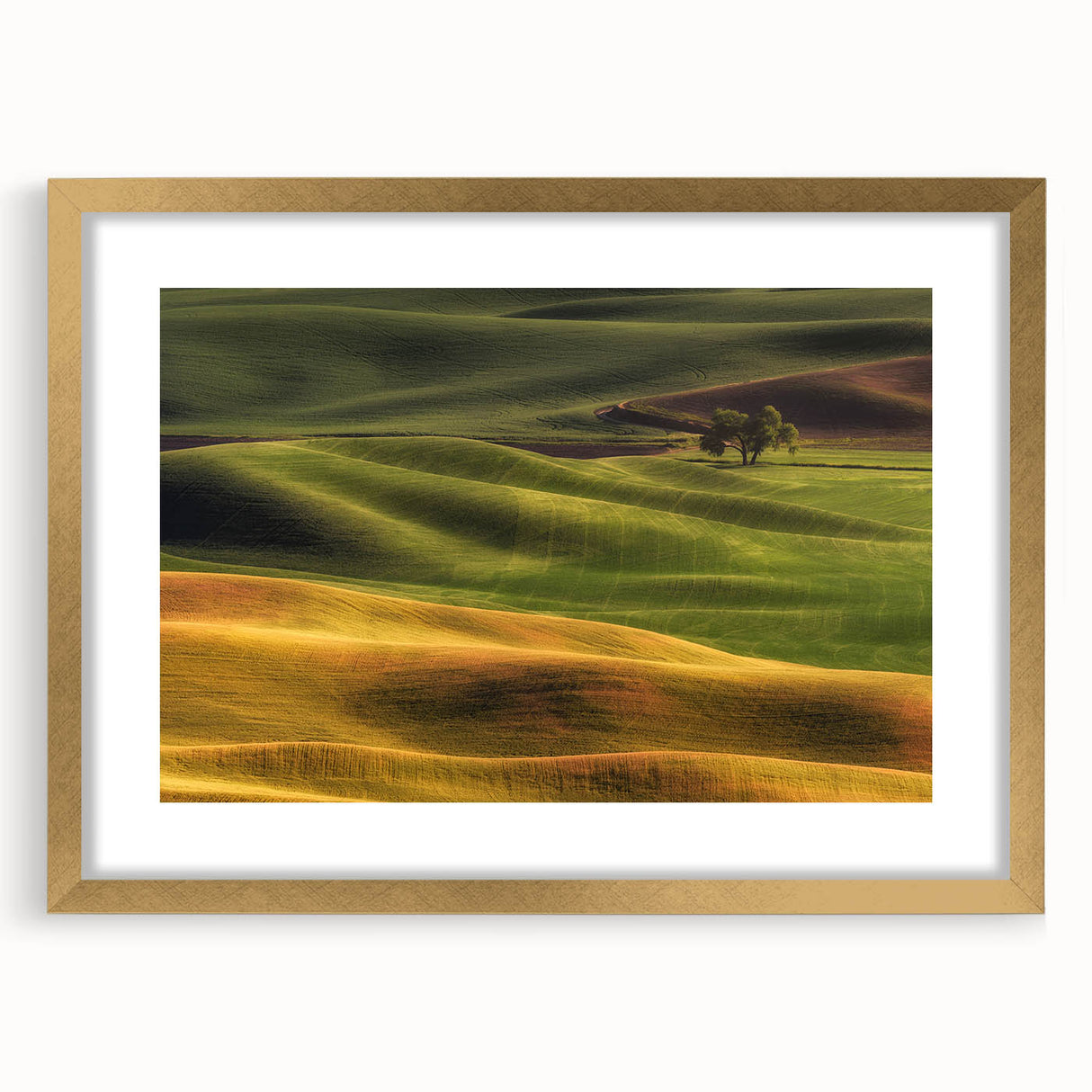 Extra large abstract art print featuring textured scenery of Idaho in muted earth tones, framed in gold.