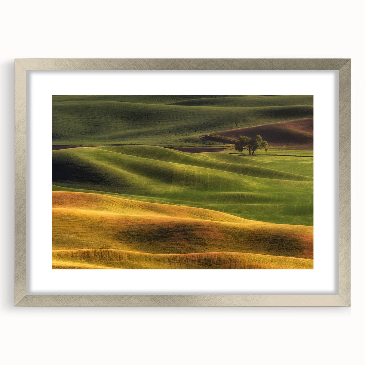 Textured abstract art print depicting a serene Idaho landscape in muted earth tones, framed in silver, ideal for bedroom art.