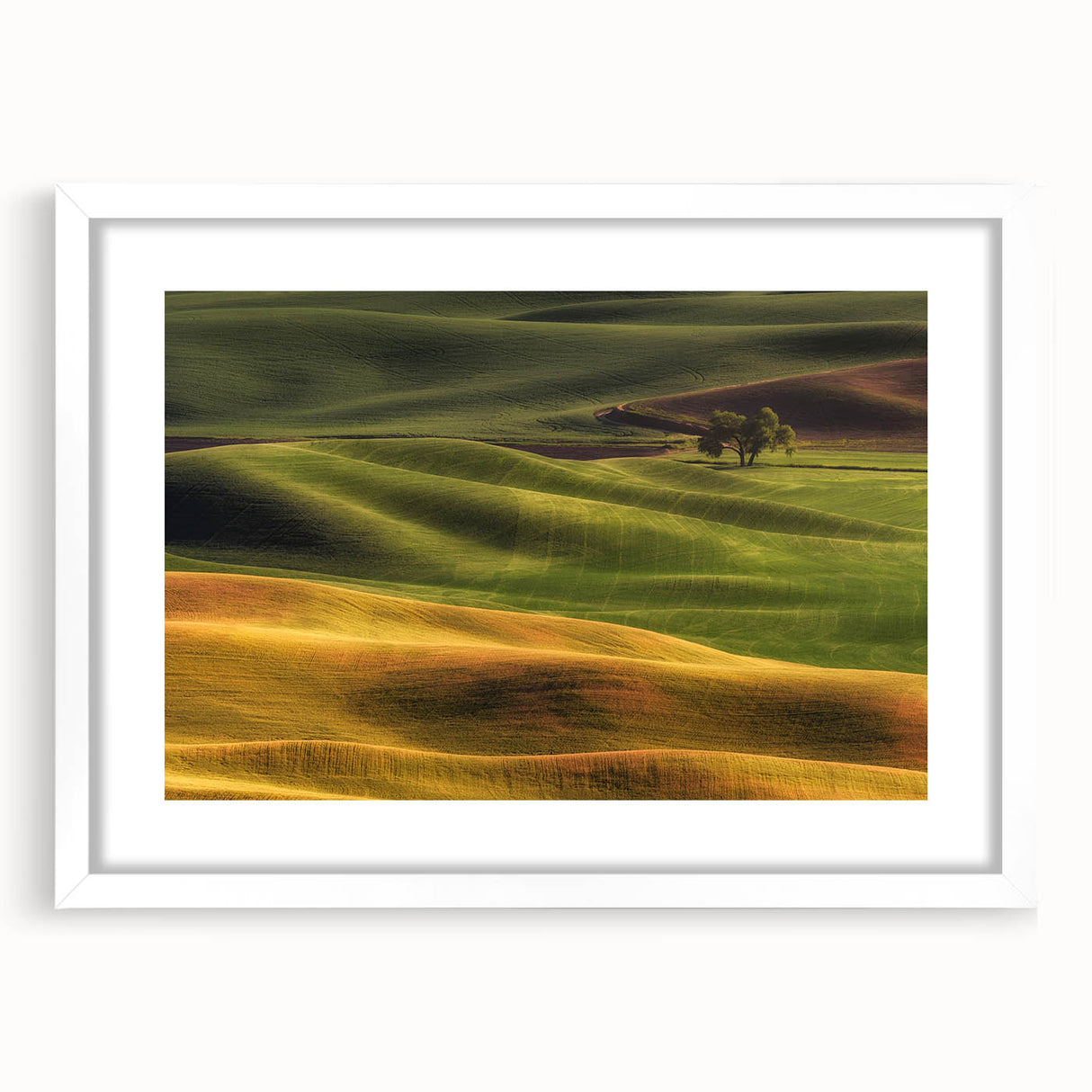 Abstract art print of Idaho scenery in muted earth tones on a white framed mat, ideal for dining room decor.