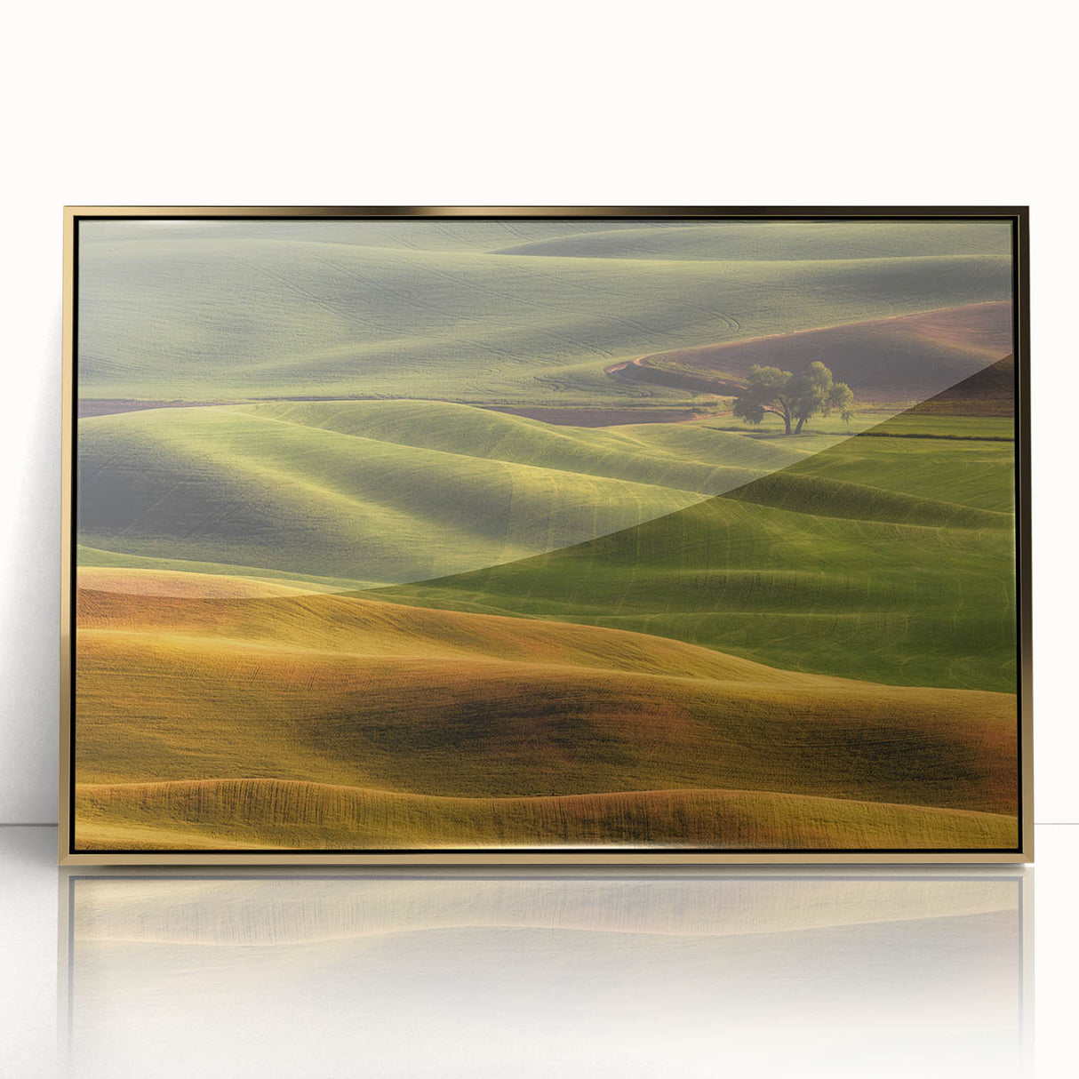 Acrylic print of a mid-century modernist Idaho scenery, framed in gold, suitable for modern art wall decor.