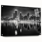 Acrylic print of a large abstract depiction of the Chicago skyline in cool blue and gray tones.