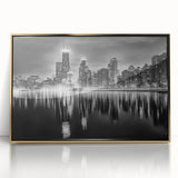 Large art print of Chicago skyline in muted gold and gray tones on a framed acrylic, ideal for modern art wall decor.