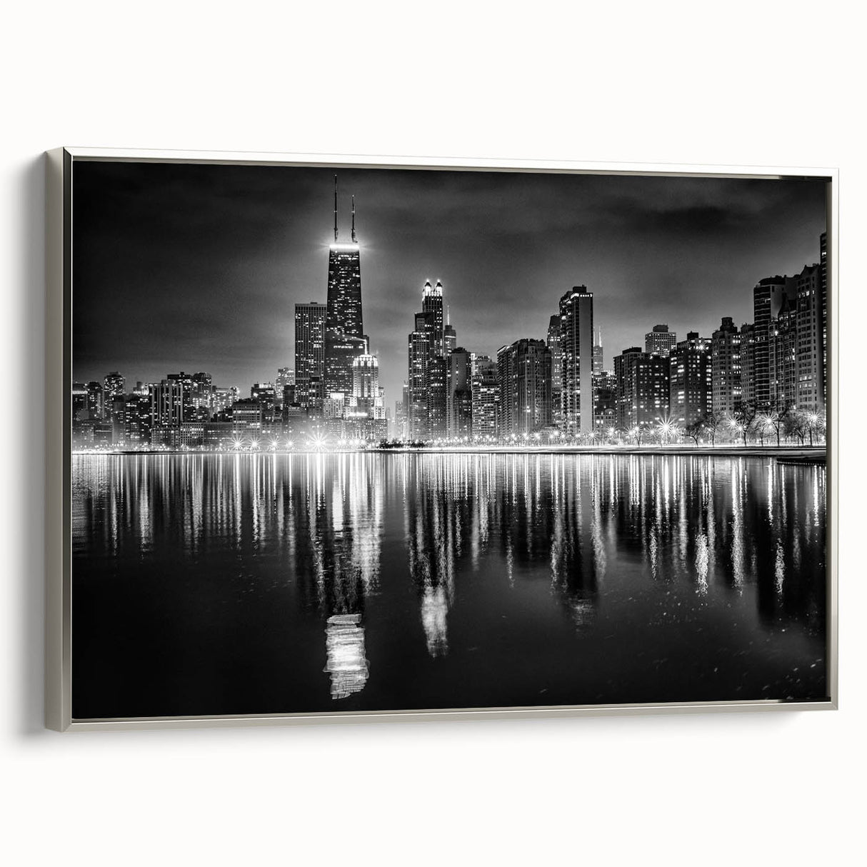 Framed canvas depicting a vintage-style Chicago skyline in colorful art palette, ideal for office decor.