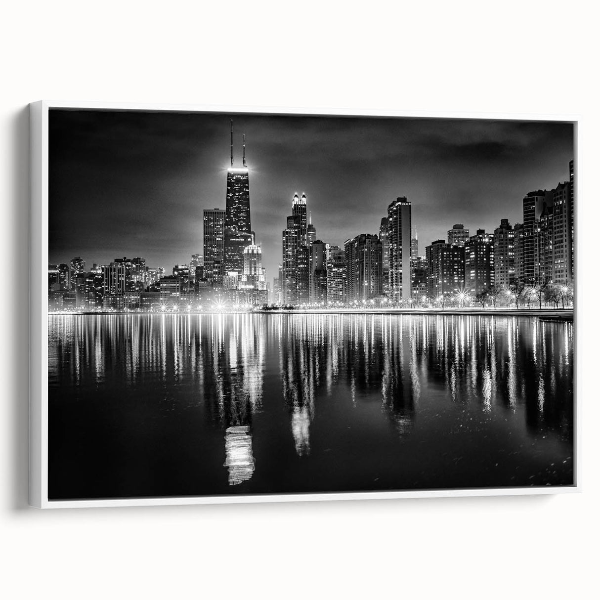 Vintage poster art of Chicago skyline in vibrant colors on a large framed canvas, ideal for living room decor.