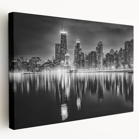 Side view of a stretched canvas featuring the Chicago skyline in muted blue and gray tones, suitable for kitchen wall art.