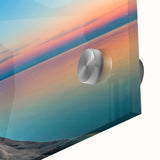 Large abstract wall art of Lake Michigan in muted blue tones on acrylic glass, ideal for dining room ambiance.