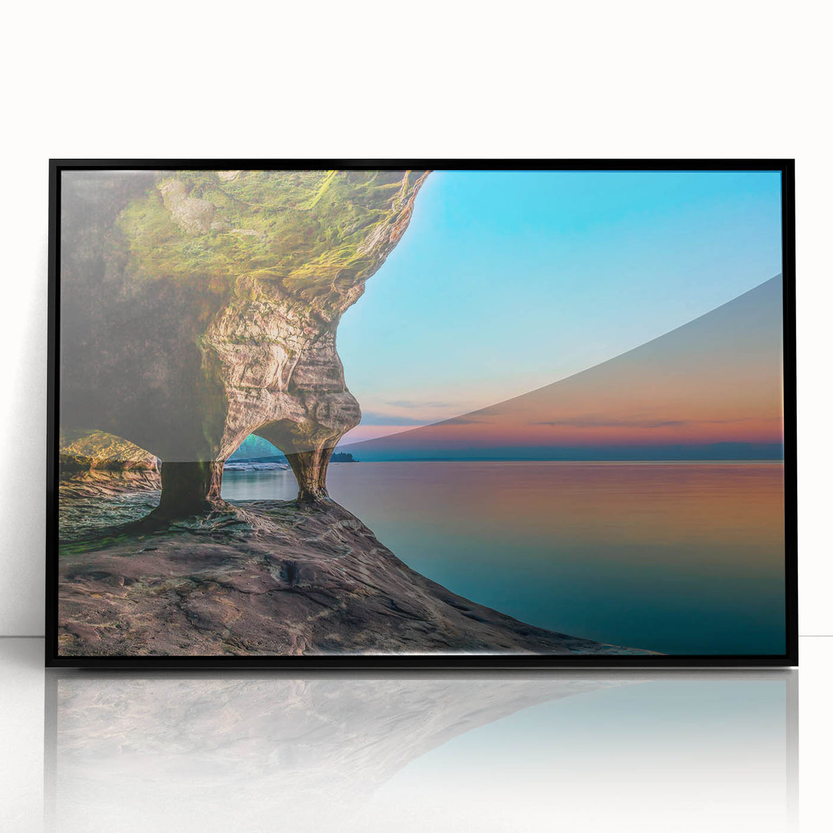Large abstract wall art of Lake Michigan in muted blue tones, framed in black acrylic, suitable for modern art wall decor.