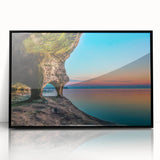 Large abstract wall art of Lake Michigan in muted blue tones, framed in black acrylic, suitable for modern art wall decor.