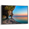 Black and white framed canvas of Lake Michigan landscape, ideal for bedroom wall art in vintage poster style.