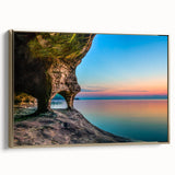 Framed canvas of Lake Michigan landscape in muted black and gold tones, ideal for bedroom wall decor.