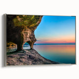 Framed canvas of a vintage-style landscape painting featuring Lake Michigan, using a palette of black and colorful art tones.
