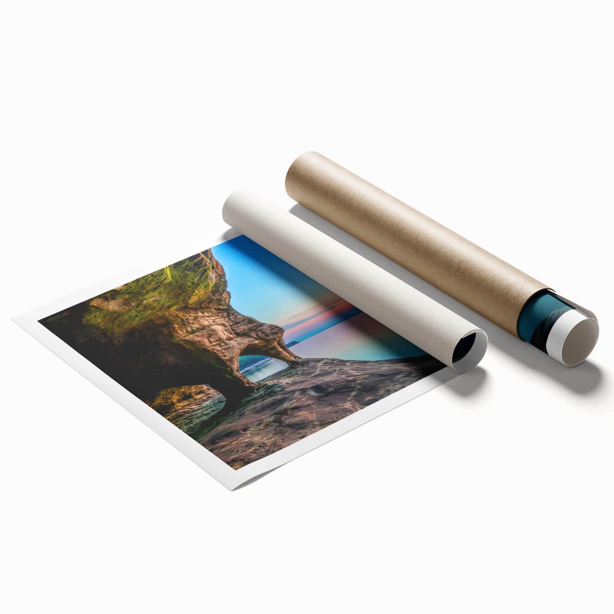 Extra large rolled print of Lake Michigan with soft floral accents, in muted blue and green hues.