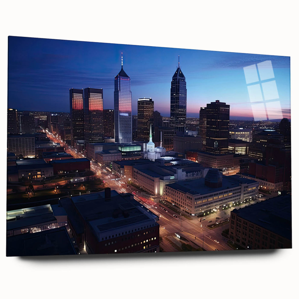 Acrylic print of a large abstract depiction of the Indianapolis skyline in muted blue and gray tones.