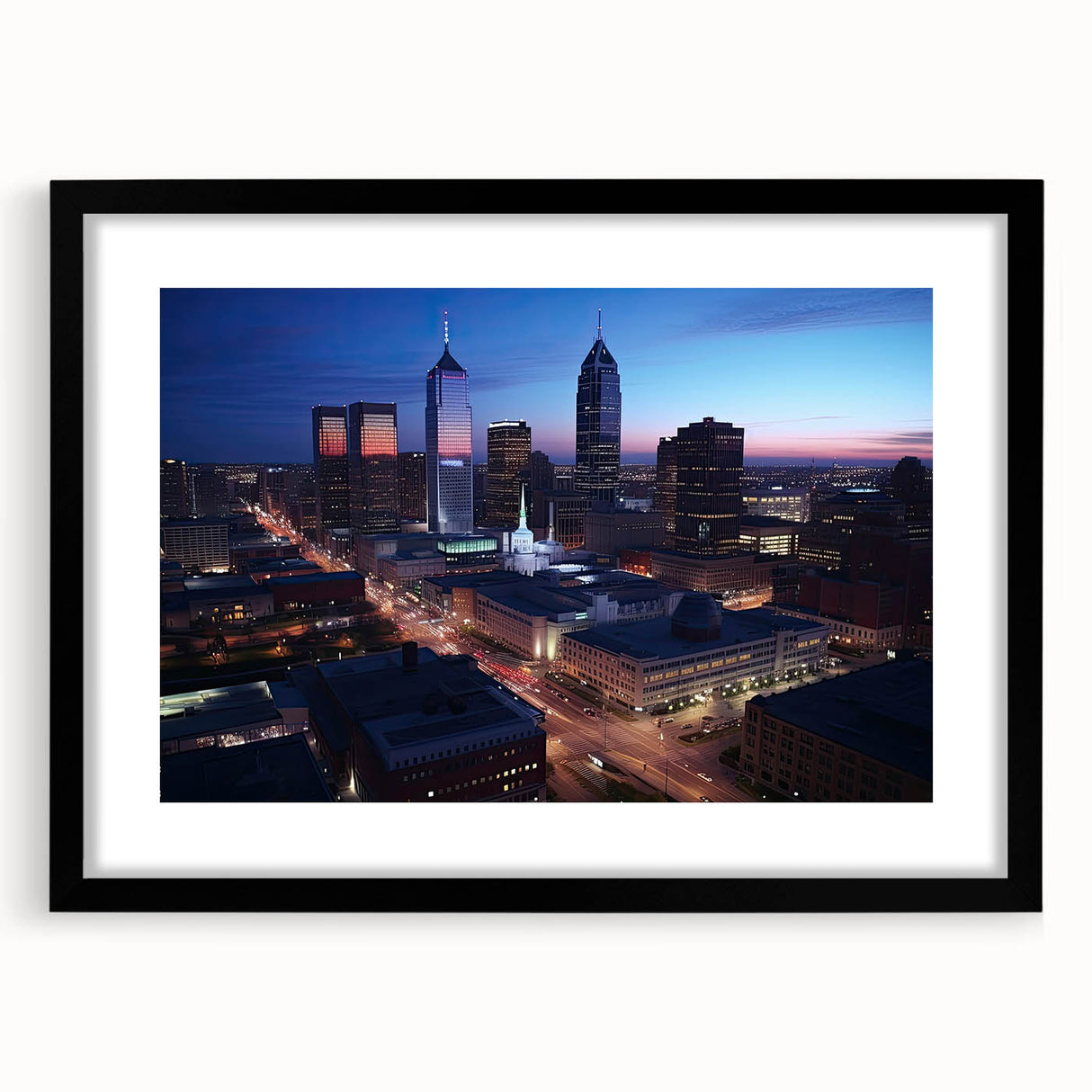 Abstract art print of Indianapolis skyline in vibrant colors on a large textured canvas, ideal for living room decor.