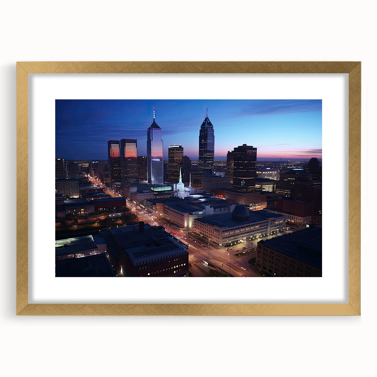 Extra large abstract art print of Indianapolis skyline in muted gold and blue tones on a framed canvas.