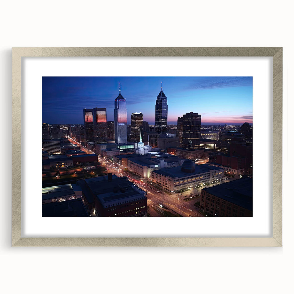 Textured abstract art print of Indianapolis skyline in muted gray, framed in silver, ideal for bedroom art.