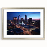 Textured abstract art print of Indianapolis skyline in muted gray, framed in silver, ideal for bedroom art.