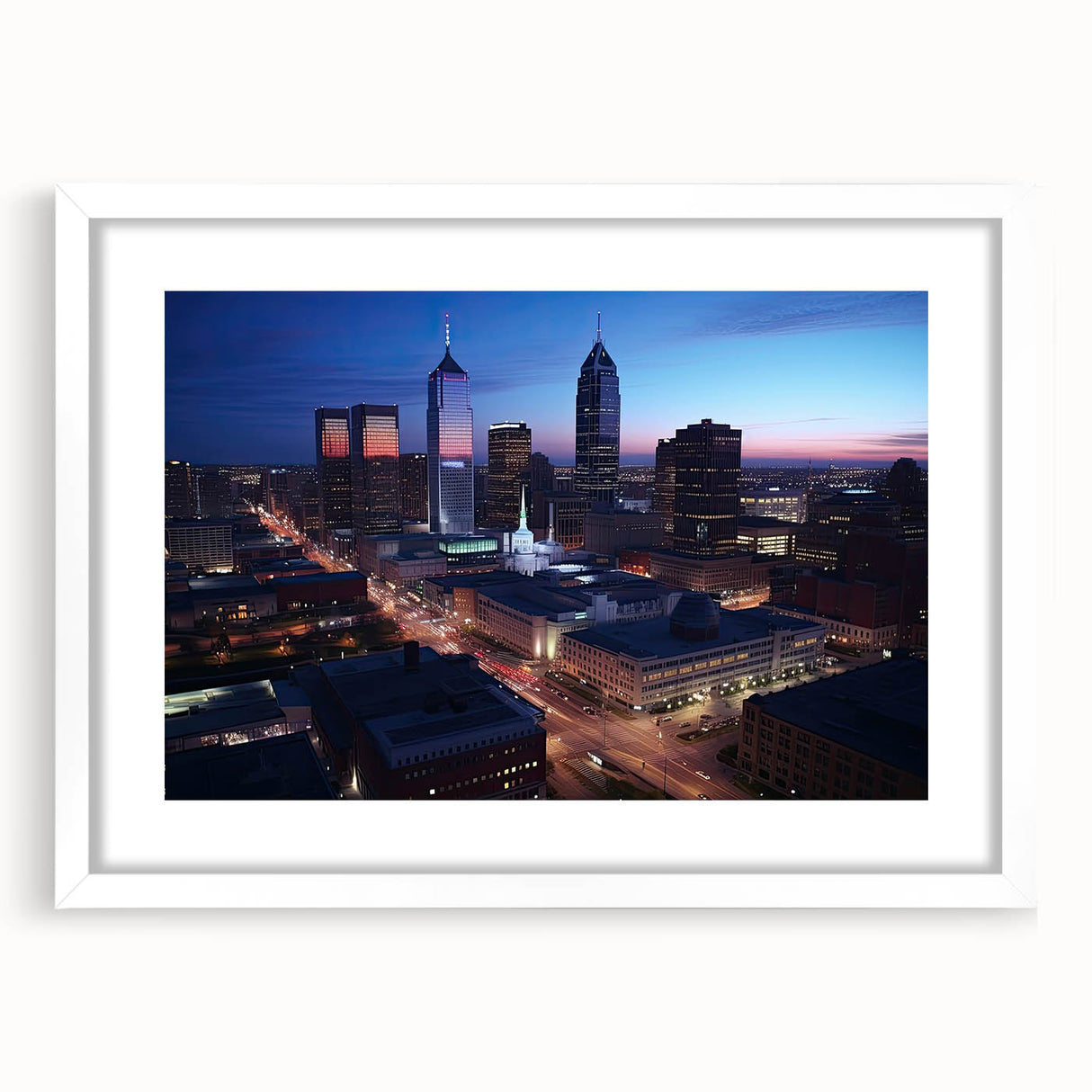 Abstract art print of Indianapolis skyline in muted gray and blue tones on a framed white mat, ideal for dining room decor.