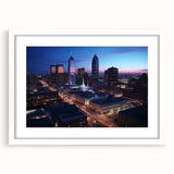 Abstract art print of Indianapolis skyline in muted gray and blue tones on a framed white mat, ideal for dining room decor.