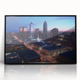 Large abstract wall art depicting Indianapolis skyline in muted gray and blue tones on a framed acrylic print.