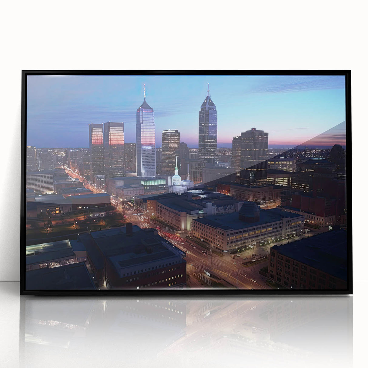 Large abstract wall art depicting Indianapolis skyline in muted gray and blue tones on a framed acrylic print.