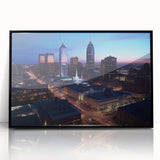 Large abstract wall art depicting Indianapolis skyline in muted gray and blue tones on a framed acrylic print.