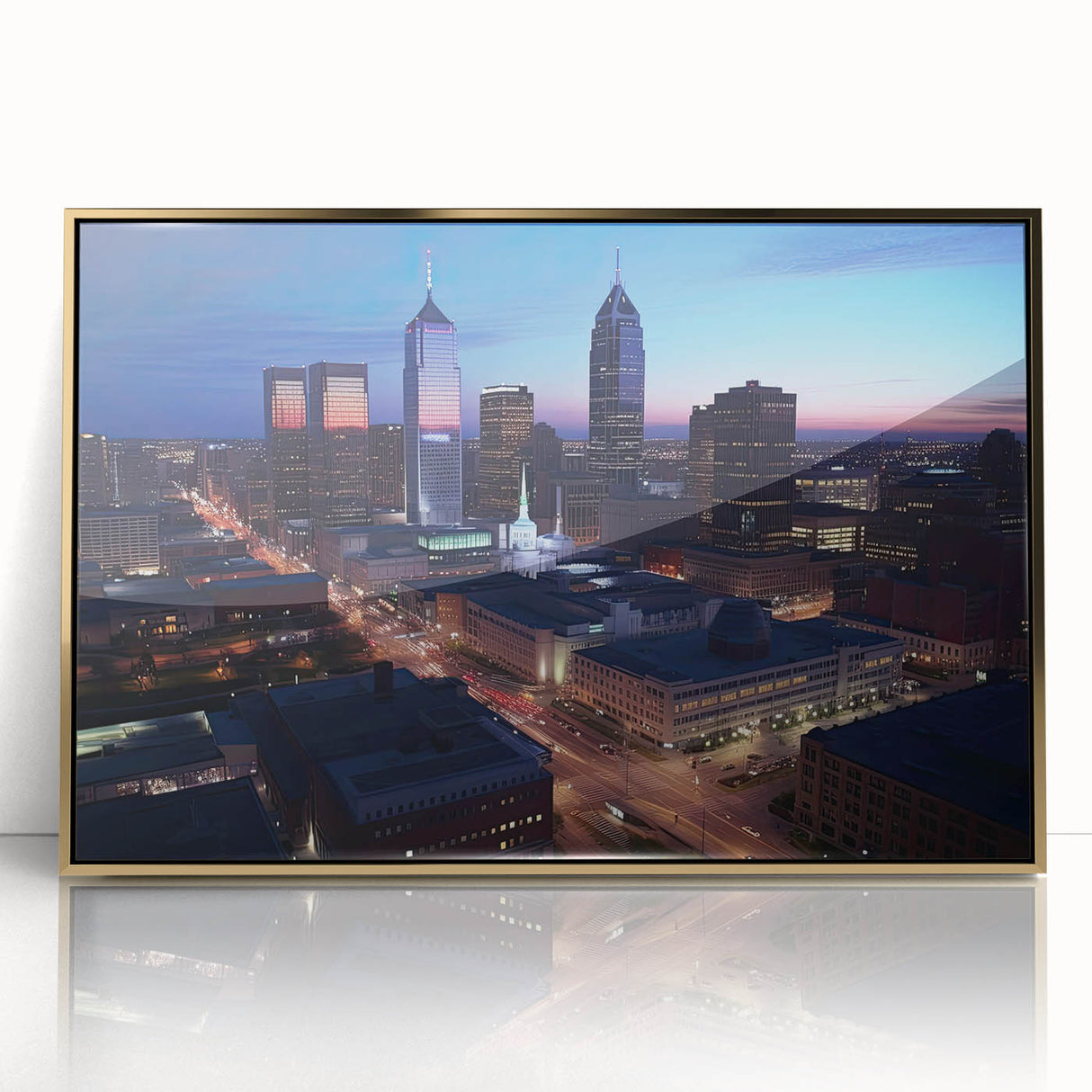 Acrylic print of Indianapolis skyline in muted gold tones, framed, ideal for modern art wall decor.