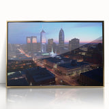 Acrylic print of Indianapolis skyline in muted gold tones, framed, ideal for modern art wall decor.