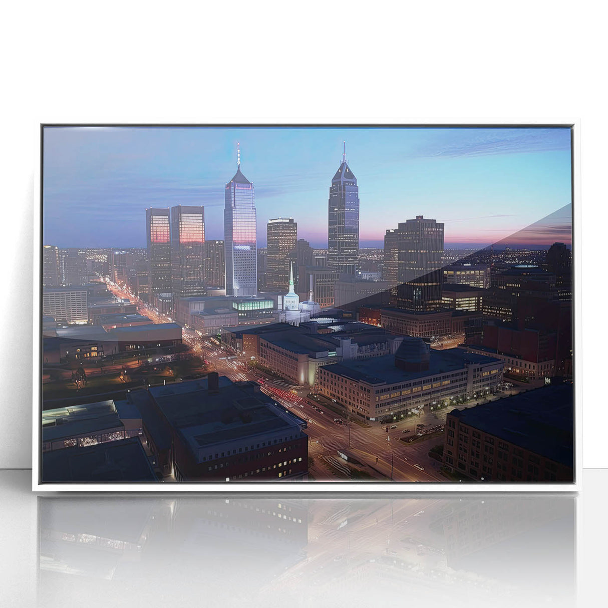 Art deco style Indianapolis skyline depicted in muted grey and blue tones on a framed acrylic.