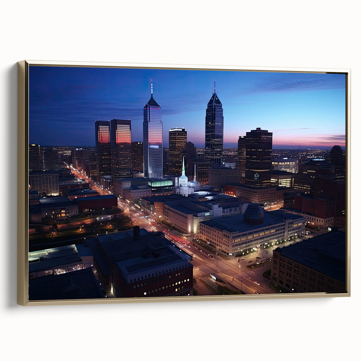 Framed canvas depicting a vintage-style Indianapolis landscape in black and gold tones, ideal for bedroom wall art.