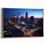 Framed canvas depicting a vintage-style Indianapolis landscape in black and gold tones, ideal for bedroom wall art.