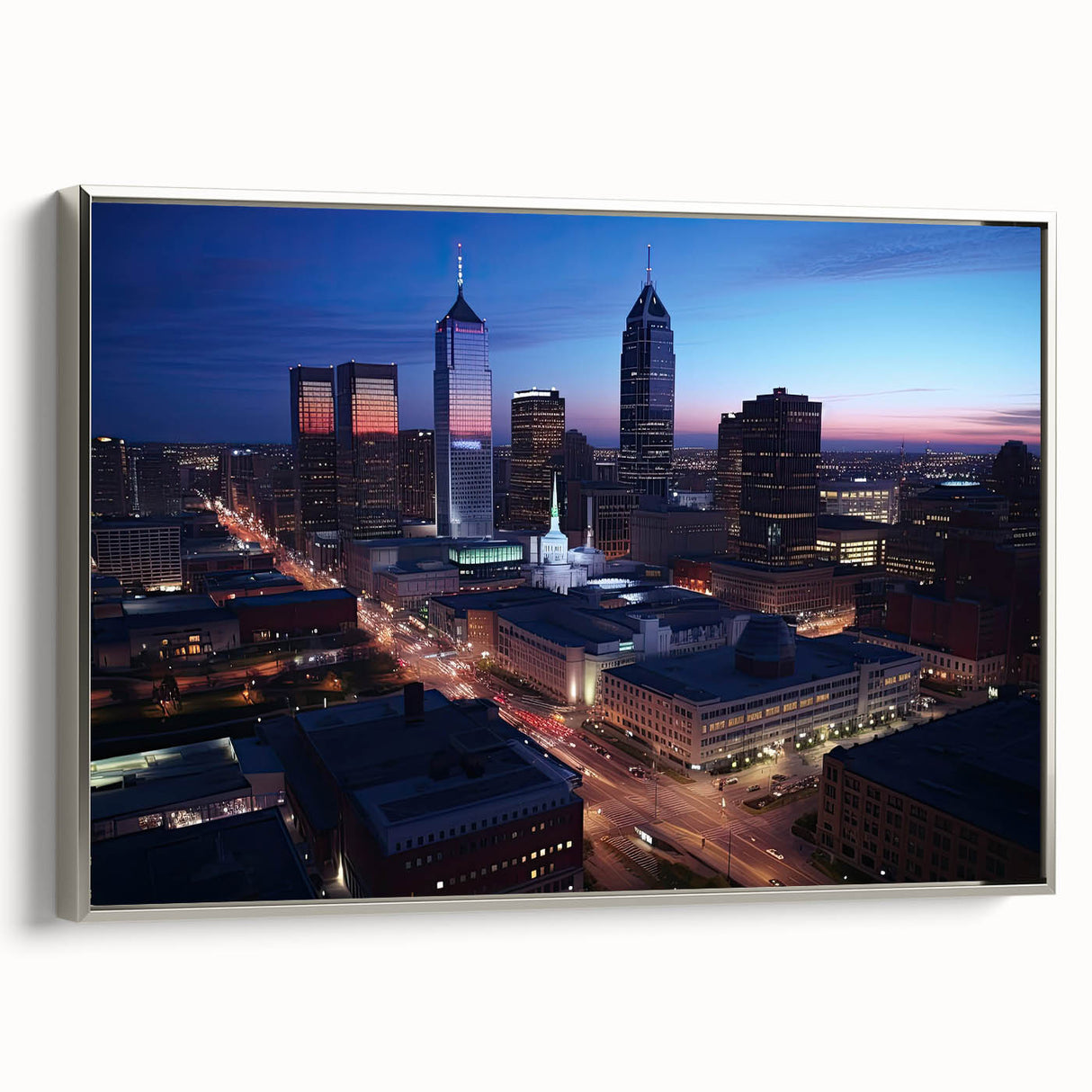 Framed landscape art painting of Indianapolis skyline in muted silver and black tones, ideal for office decor.
