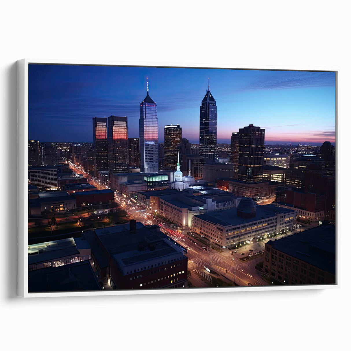 Vintage poster art of Indianapolis skyline in colorful hues on extra large framed canvas, ideal for living room decor.