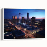 Vintage poster art of Indianapolis skyline in colorful hues on extra large framed canvas, ideal for living room decor.