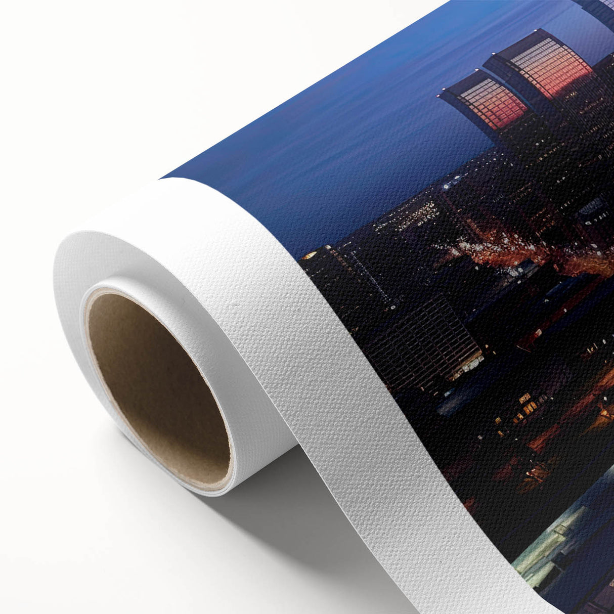 Art deco style Indianapolis skyline on rolled canvas with muted gray and blue tones, ideal for nursery wall art.