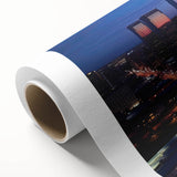 Art deco style Indianapolis skyline on rolled canvas with muted gray and blue tones, ideal for nursery wall art.