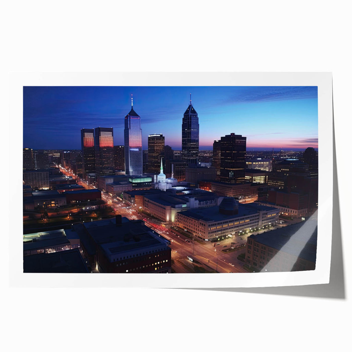 Rolled canvas print of Indianapolis skyline in muted gray tones, suitable for dining room wall art.