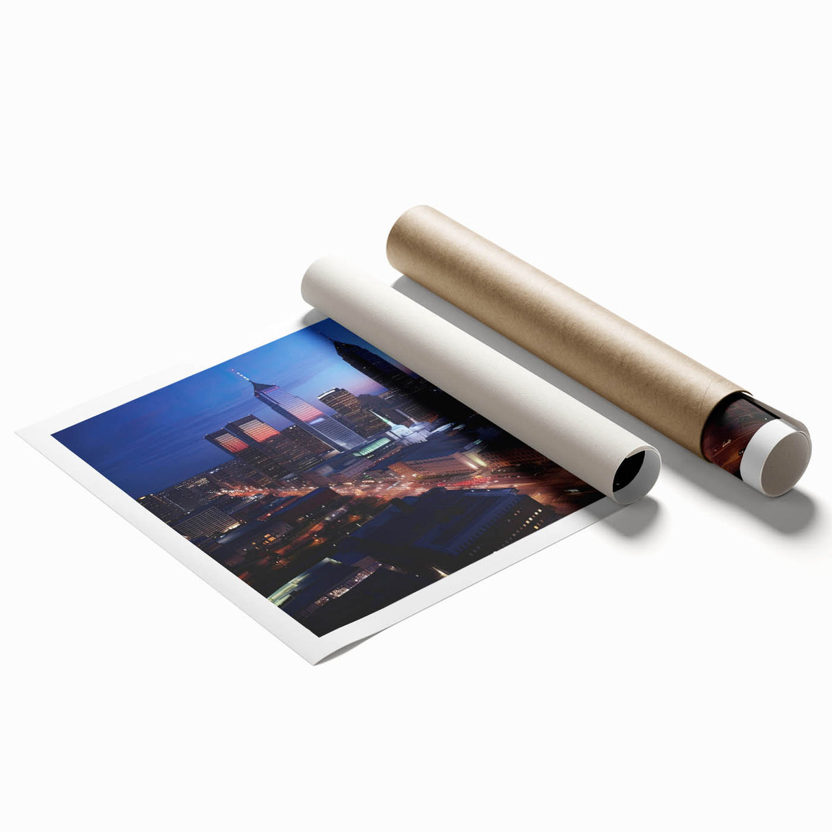 Rolled print of Indianapolis skyline with floral elements in soft pastel shades.