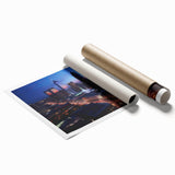Rolled print of Indianapolis skyline with floral elements in soft pastel shades.