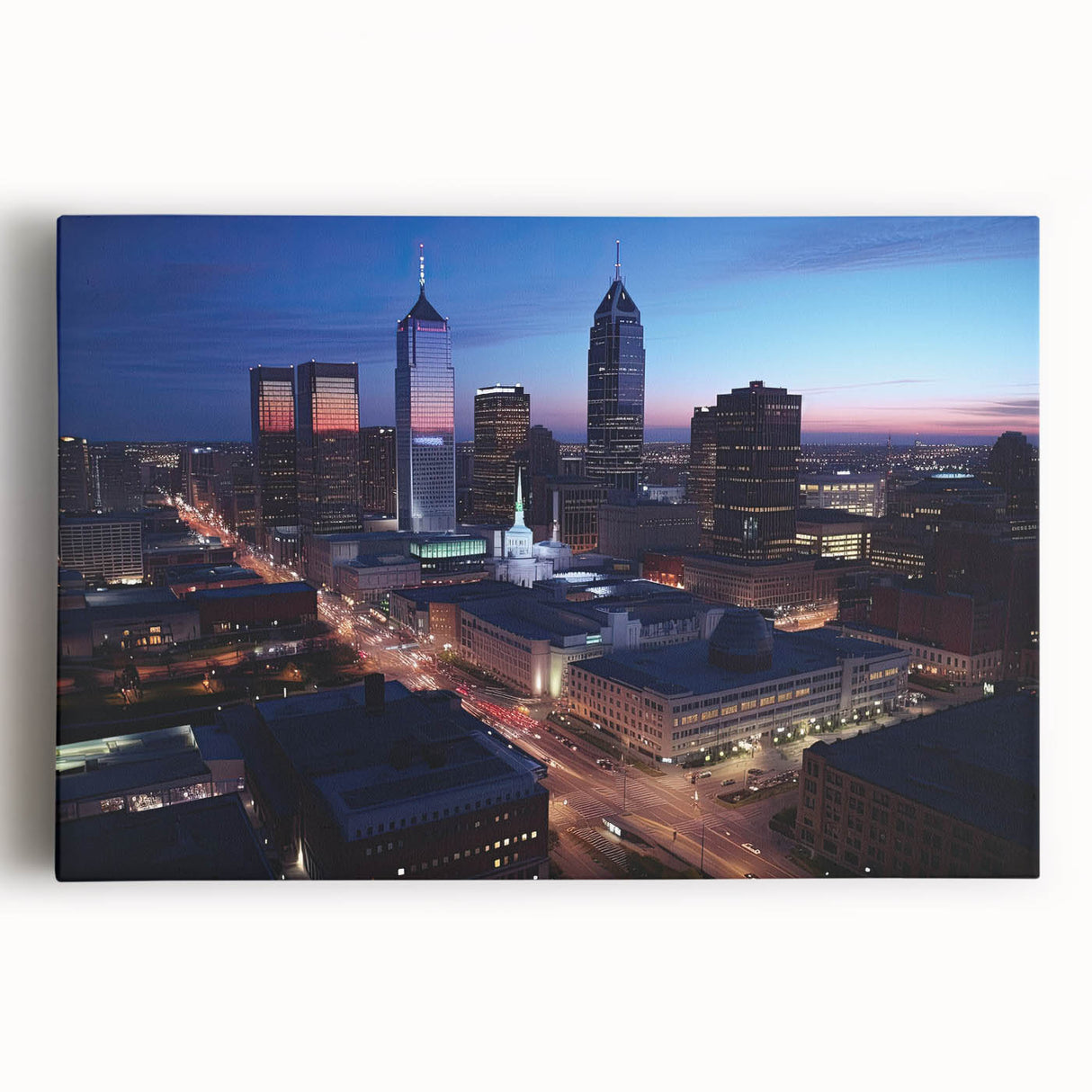 Black and white photo of Indianapolis skyline on large stretched canvas, suitable for kitchen art.