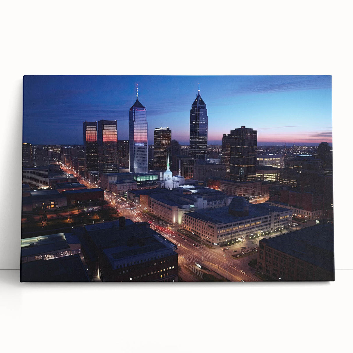 Black and white stretched canvas of Indianapolis skyline, ideal for kitchen wall art.