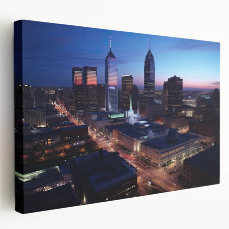 Indianapolis skyline depicted in muted gray and blue tones on a large stretched canvas, suitable for kitchen wall art.