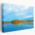 Large canvas print of an Indiana landscape featuring gentle green fields under a soft blue sky, ideal for kitchen wall decor.