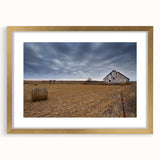 Extra large abstract art print depicting textured Iowa scenery in muted earth tones, framed in gold.