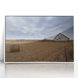 Art deco poster depicting a serene Iowa landscape in muted green and blue tones.