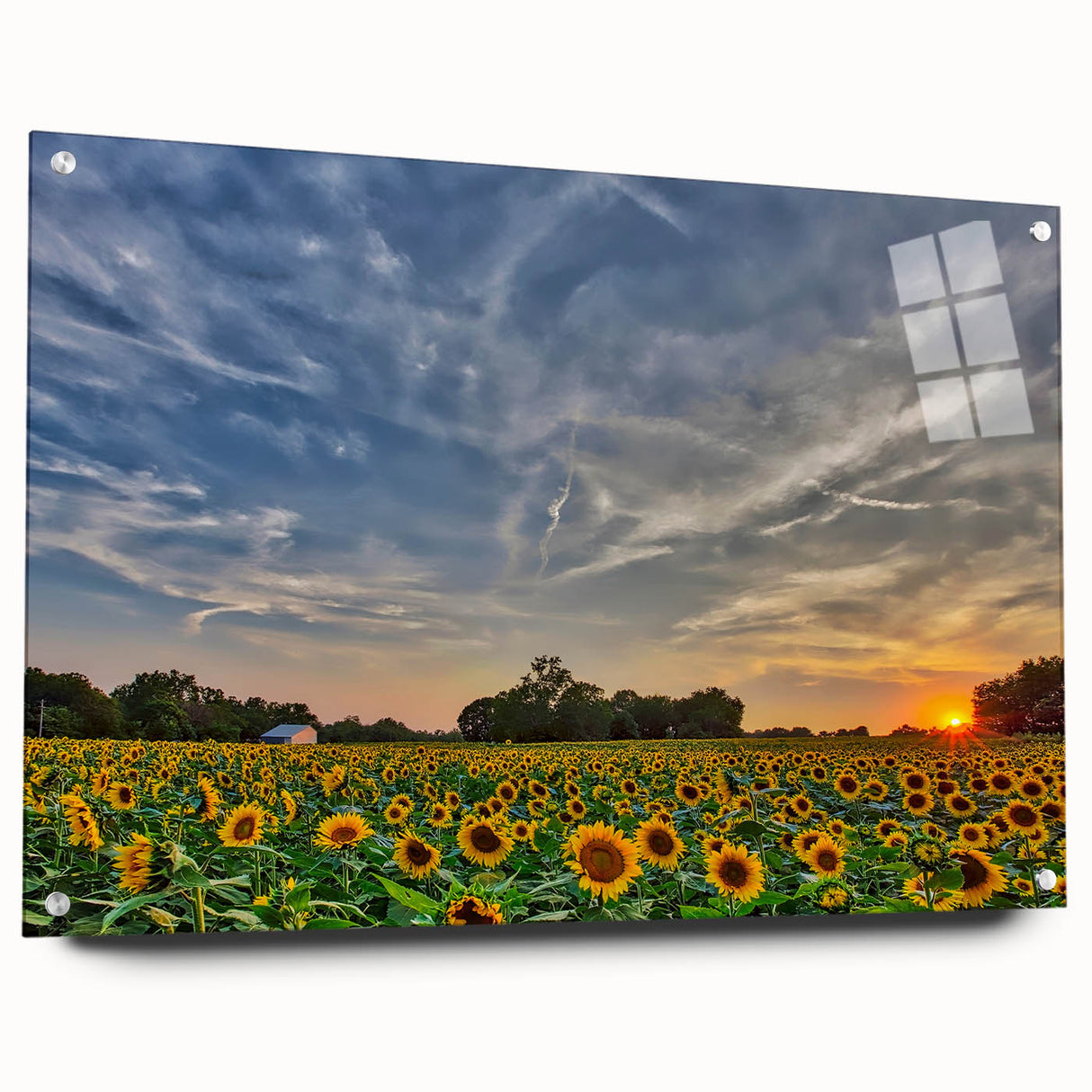 Large abstract wall art of Kansas scenery in muted earth tones on acrylic glass, ideal for bedroom or dining room decor.