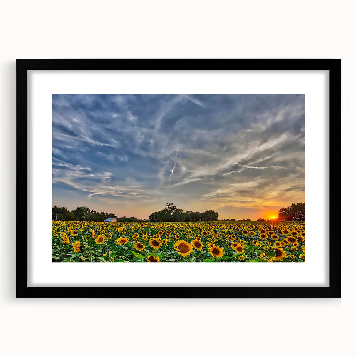 Extra large abstract art print of a colorful Kansas scenery on textured canvas, framed in black, ideal for living room decor.