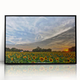 Large abstract wall art depicting a vibrant Kansas scenery in mid-century modernist style, framed in black acrylic.