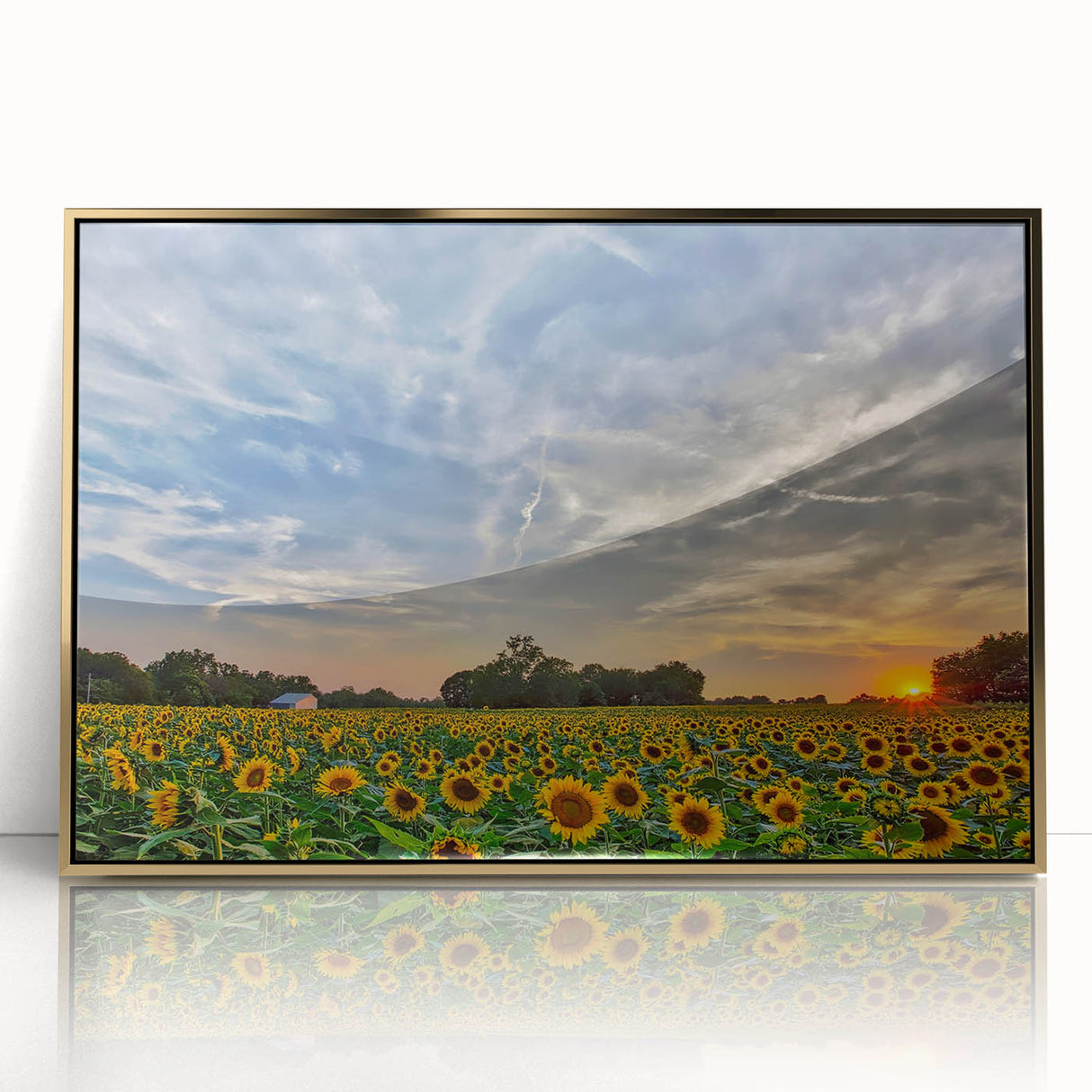 Mid-century modernist style Kansas scenery on a framed acrylic print with gold accents, suitable for modern art wall decor.