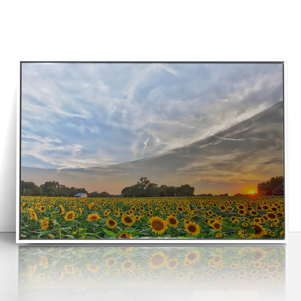 Art deco poster featuring a stylized Kansas scenery in monochrome shades, framed in white acrylic.